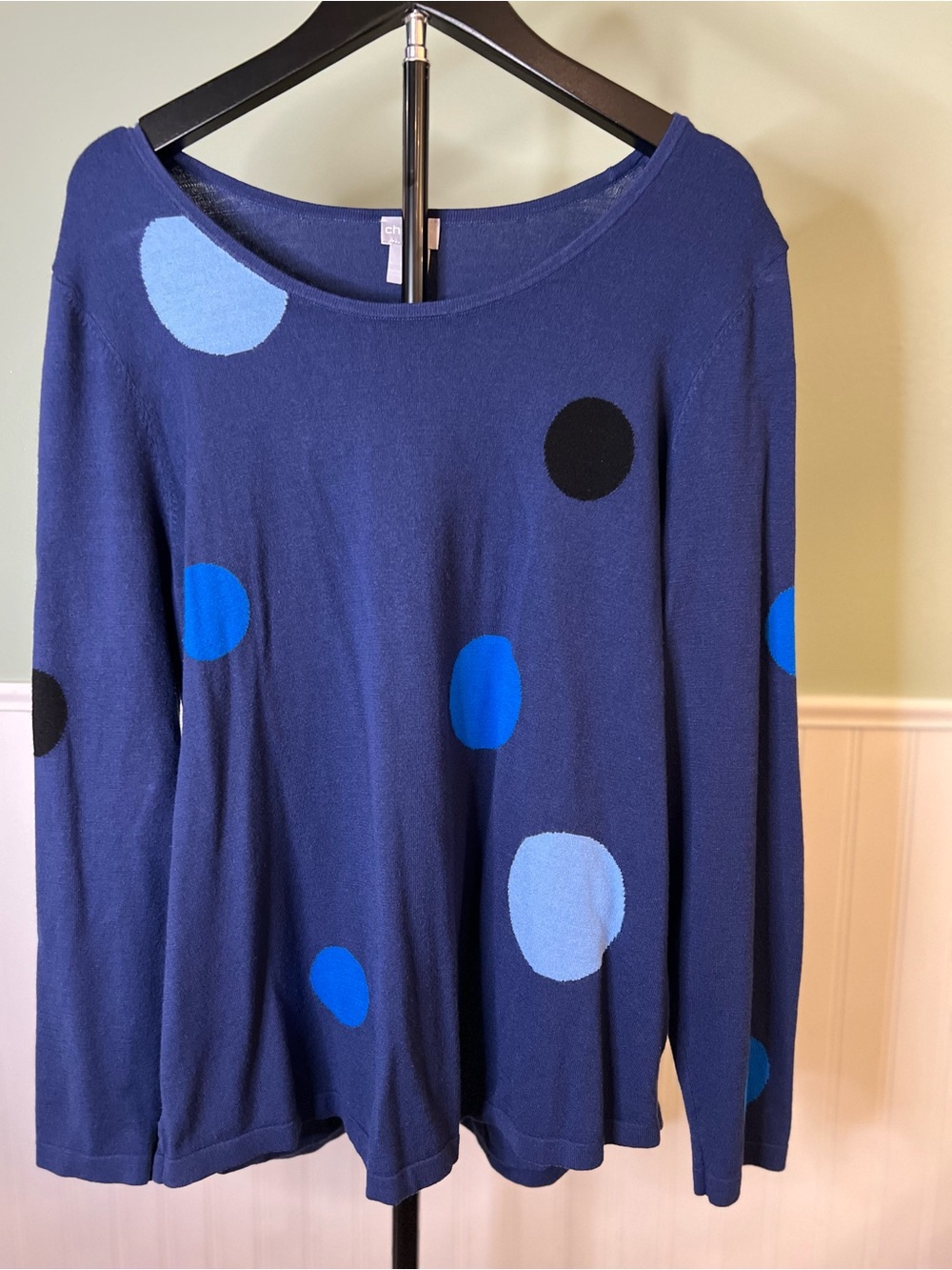 Chico's Navy Polka Dot Knit Top. Size 2- Size L